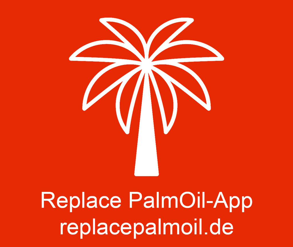Das Logo der Replace PalmOil-App: Eine weiße Palme vor rotem Hintergrund. Darunter steht der “Replace PalmOil-App“ sowie die Webadresse: replacepalmoil.de.