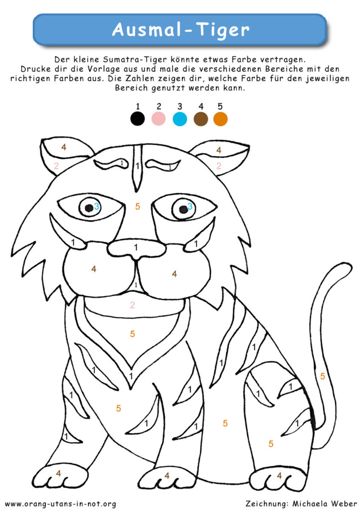 Ein Tiger-Ausmalbild nach Zahlen. Über dem Bild sind fünf Farben abgebildet. Jede Farbe ist mit einer Zahl versehen. Die fünf Zahlen finden sich auch auf dem Ausmalbild wieder.