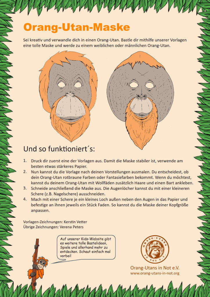 Vorschau des Bastelbogens mit einem Beispielbild der männlichen und weiblichen Orang-Utan-Maske. Unten ist die Bastelanleitung abgebildet.