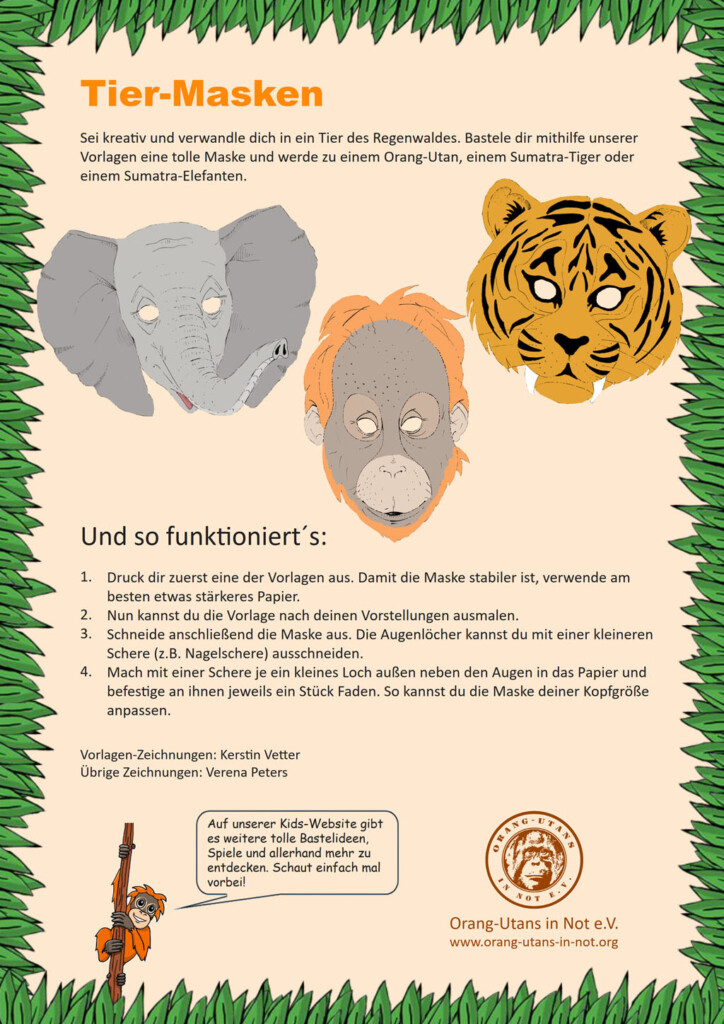 Vorschau des Bastelbogens für Tiermasken. Abgebildet sind jeweils ein Beispiel für eine Elefanten-, eine Tiger- und eine Orang-Utan-Maske. Unter den Bildern ist die Bastelanleitung abgebildet.