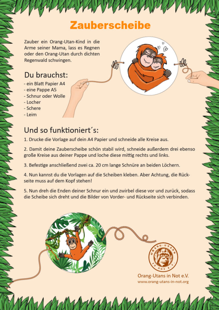 Vorschau des Bastelbogens für eine Zauberscheibe. Abgebildet ist die gebastelte Zauberscheiben mit einem Rimba-Motiv. Unter dem Bild ist die Bastelanleitung abgebildet.