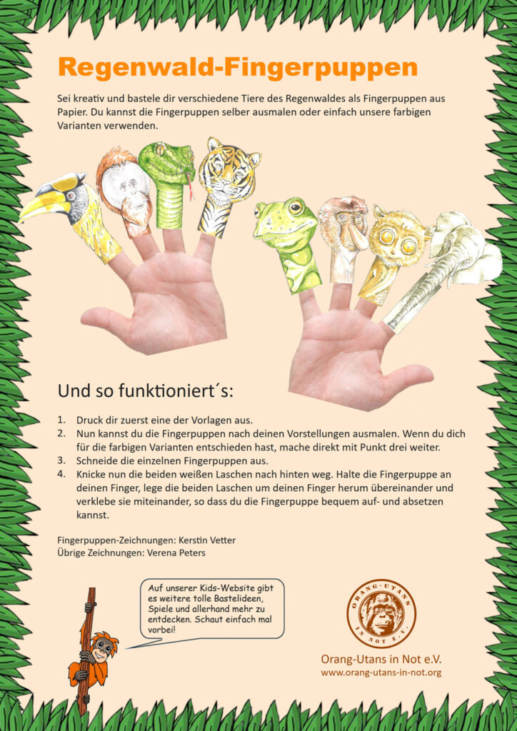 Vorschaubild der Bastelanleitung für Regenwald-Fingerpuppen. Abgebildet sind Beispiel-Fingerpuppen und die Bastelanleitung.