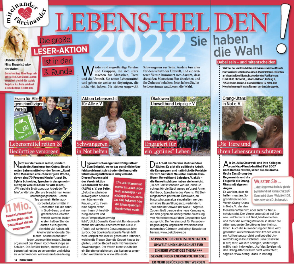 Artikel zur Abstimmeng zum "Lebens-Helden" der Zeitschrift Funkuhr. Vorgestellt werden folgende Vereine: Essen für Alle, Aktion Lebensrecht für Alle e.V., Ökolöwen Umweltbund Leipzig e.V. und Orang-Utans in Not e.V.