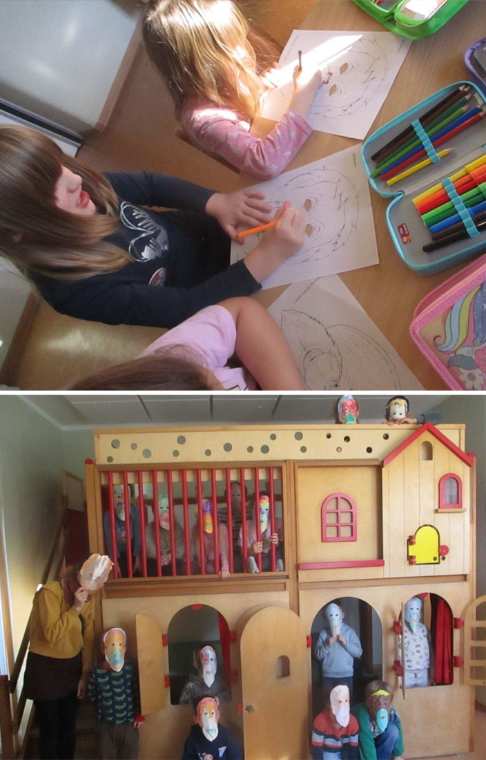 Bild oben: Alt: Drei Kinder sitzen an einem Tisch und malen Orang-Utan-Masken aus. Bild unten: Kinder mit Orang-Utan-Masken stehen vor und in einem Spielhaus. Daneben steht die Umweltbildnerin und hält auch eine Maske vor ihr Gesicht.