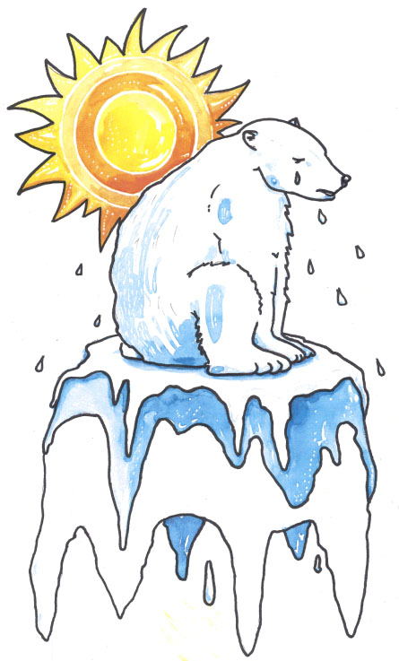 Handzeichnung: Ein schwitzender Eisbär sitzt auf einer schmelzenden Eisscholle. Über ihm scheint die Sonne.
