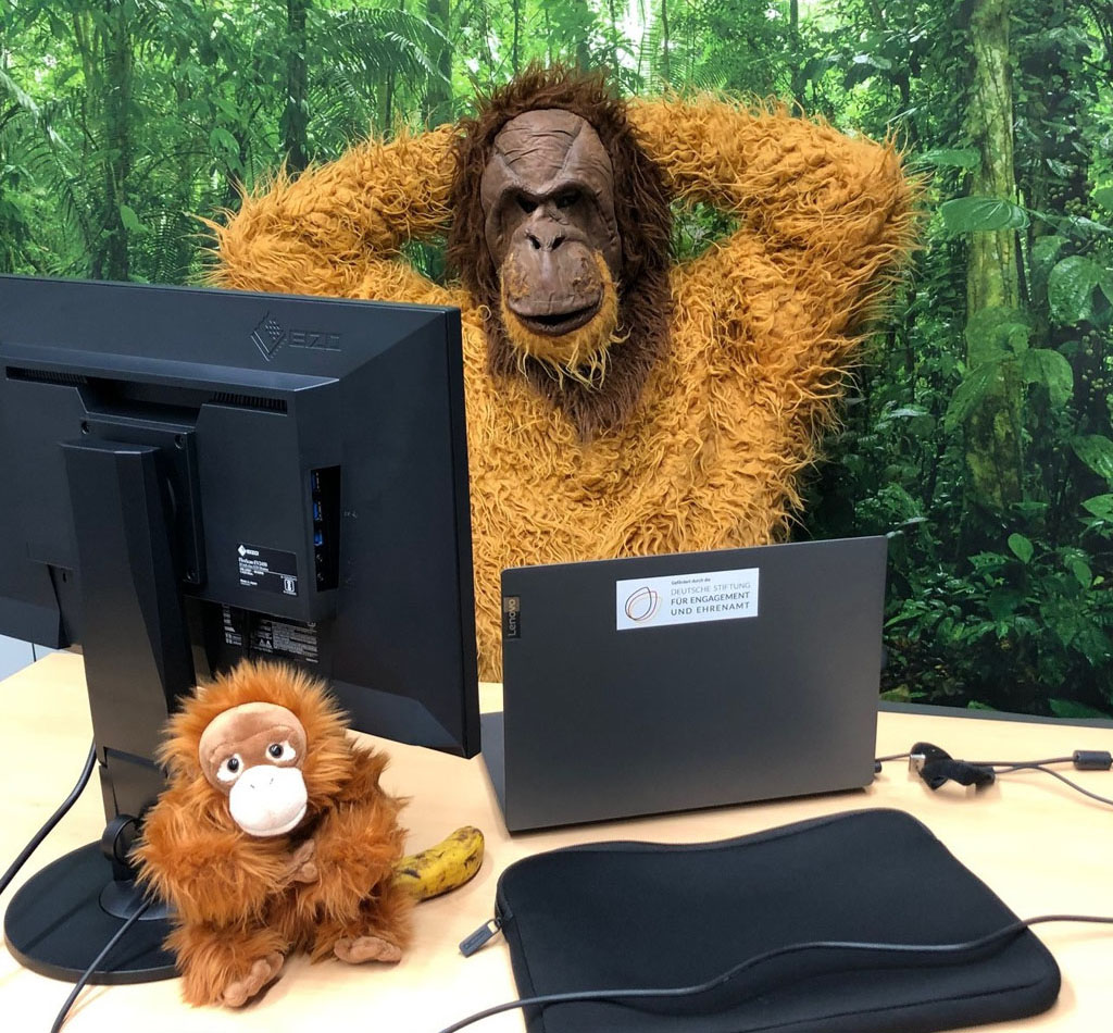 Ein Mensch in einem Orang-Utan-Kostüm sitzt vor einem PC und verschränkt die Arme hinter dem Kopf. Im Hintergrund hängt ein großes Regenwaldplakat.