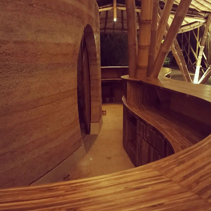A curved indoor counter made of bamboo.