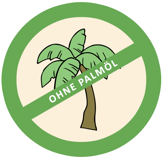 Grafik: Eine Ölpalme in einem grünen Kreis. Quer über der Palme liegt ein grüner Balken, mit der Aufschrift "Ohne Palmöl".