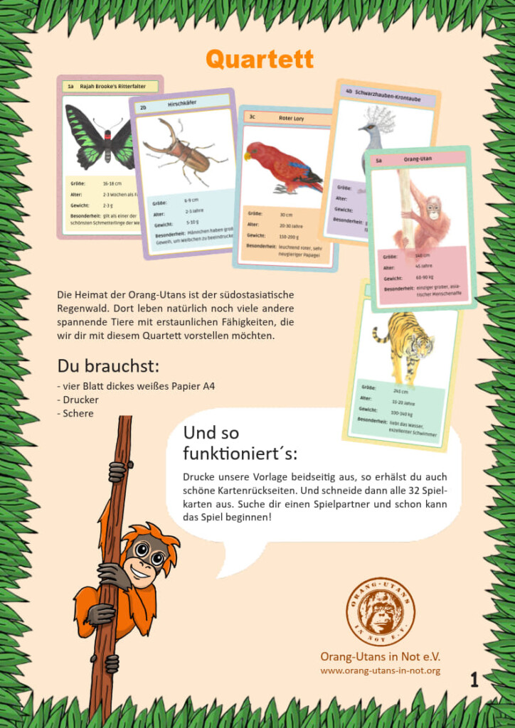 Vorschau des Bastelbogens für unser Quartett. Abgebildet sind einige Spielkarten mit verschiedenen Tiermotiven. Unter dem Bild ist die Bastelanleitung abgebildet.