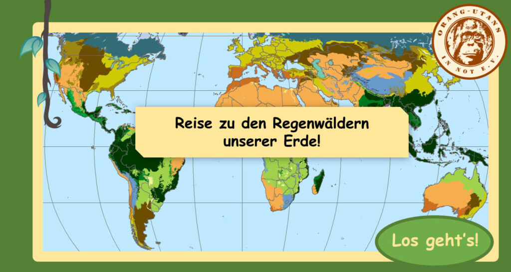 Titelseite des Spiels. Abgebildet ist eine Weltkarte. Im Zentrum steht "Reise zu den Regenwäldern unserer Erde". Oben rechts ist unser Vereinslogo abgebildet.