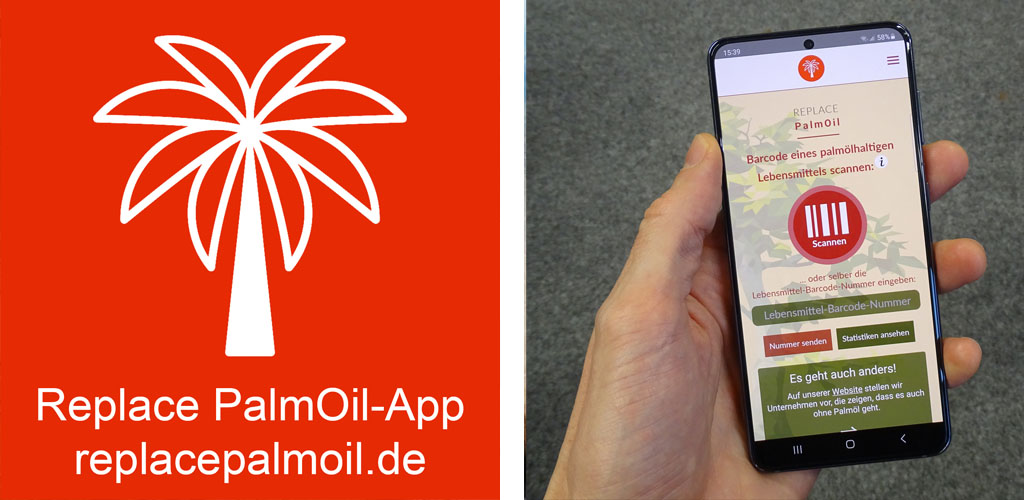 Bild links: Das Logo der Replace PalmOil-App: Eine weiße Palme vor rotem Hintergrund. Bild rechts. Foto des Startbildschirms der Replace PalmOil-App.