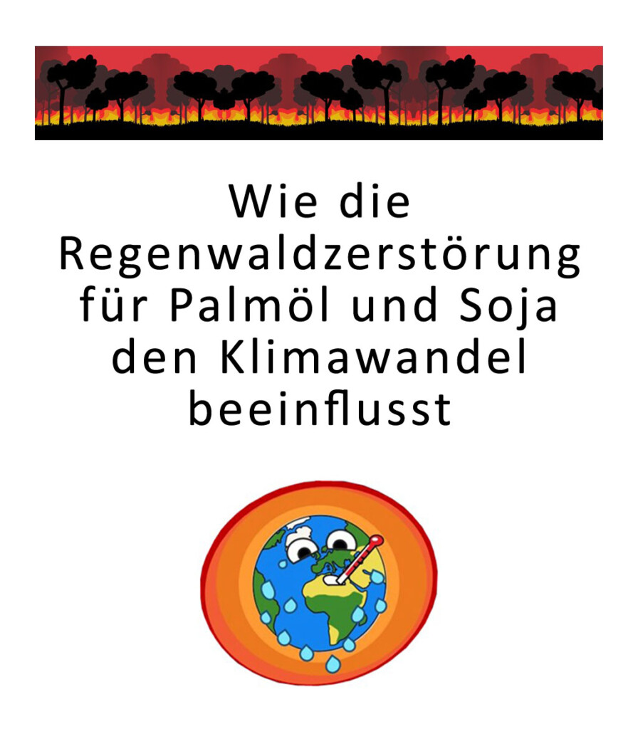 Titelfolie des Videos: Oben ist eine Zeichnung eines brennenden Waldes abgebildet. Darunter steht der Titel des Videos: "Wie die Regenwaldzerstörung für Palmöl und Soja den Klimawandel beeinflusst". Darunter ist eine Zeichnung einer schwitzenden Erde abgebildet.