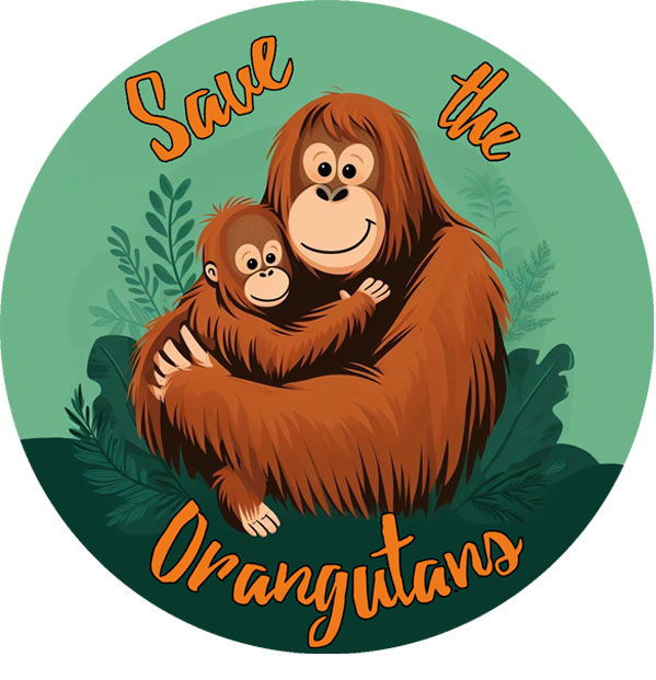 Ein Motiv aus unserem Spreadshop: Die Zeichnung zeigt eine Orang-Utan-Mutter, die ihr Kind im Arm hält. Das Motiv ist rund. Außen steht der Schriftzug: "Save the Orangutans".
