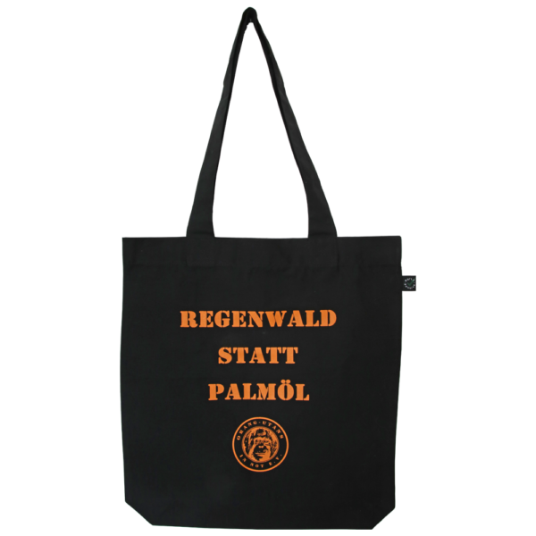 Schwarzer Stoffbeutel von vorne. In orange sind der Schriftzug "Regenwald statt Palmöl" und darunter das Vereinslogo abgebildet.