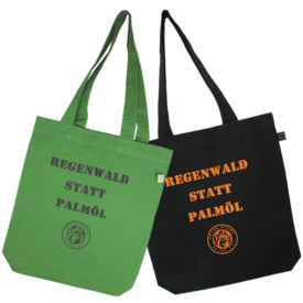 Ein grüner und ein schwarzer Stoffbeutel, jeweils mit der Aufschrift "Regenwald statt Palmöl" und unserem Vereinslogo. Auf dem grünen Beutel ist der Aufdruck schwarz, auf dem schwarzen Beutel ist der Aufdruck orange.