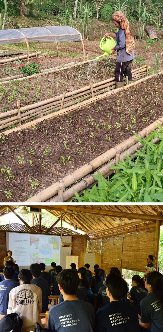 Bild oben: Eine Mitarbeiterin des Farming Centers im Orangutan Haven bewässert Beete. Bild unten: Architekturstudenten hören einen Vortrag im Orangutan Haven.