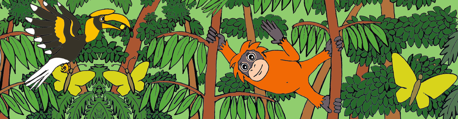 Comiczeichnung: Ein junger Orang-Utan, ein Hornvogel und Schmetterlinge im Regenwald.
