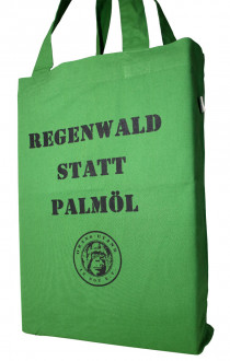 Schulterbeutel grün, Vorderseite: Der Stoffbeutel ist mit dem Schriftzug: "Regenwald statt Palmöl" (in schwarz) bedruckt. Darunter ist das Vereinslogo abgebildet.