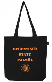 Schulterbeutel schwarz, Vorderseite: Der Stoffbeutel ist mit dem Schriftzug: "Regenwald statt Palmöl" (in orange) bedruckt. Darunter ist das Vereinslogo abgebildet.