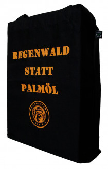 Schulterbeutel schwarz, Vorderseite: Der Stoffbeutel ist mit dem Schriftzug: "Regenwald statt Palmöl" (in orange) bedruckt. Darunter ist das Vereinslogo abgebildet.