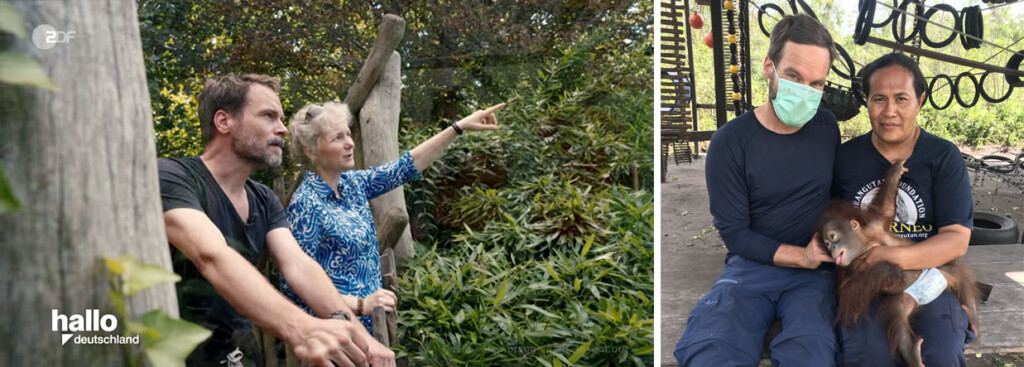 Bild links: Wanja Mues und Julia Cissewski unterhalten sich. Bild rechts: Wanja Mues auf dem Orang-Utan-Spielplatz der Auffangstation. Er sitzt neben einer Mitarbeiterin, die einen jungen Orang-Utan auf dem Arm hält.