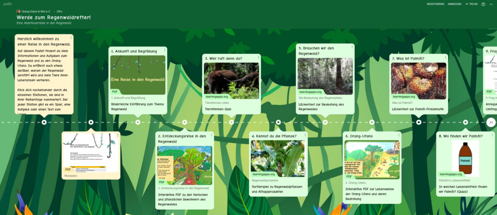 Vorschaubild: Die Startseite der Palmölrallye auf dem Padlet, mit den verschiedenen Stationen.