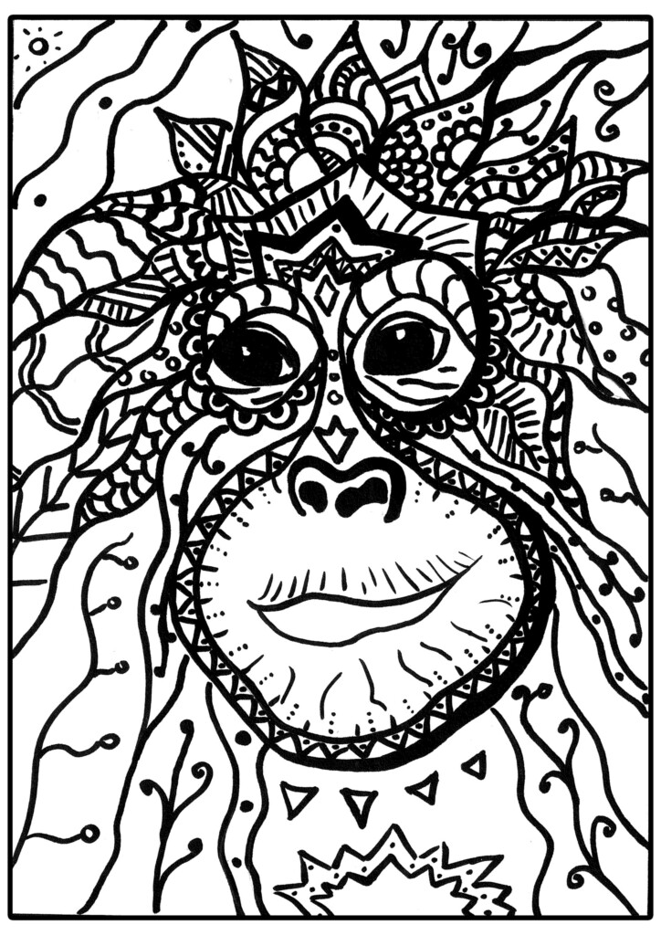 Ein Orang-Utan-Gesicht als Zentangle-Ausmalbild. Das Ausmalbild besteht aus verschiedenen Formen und wiederkehrenden Mustern.